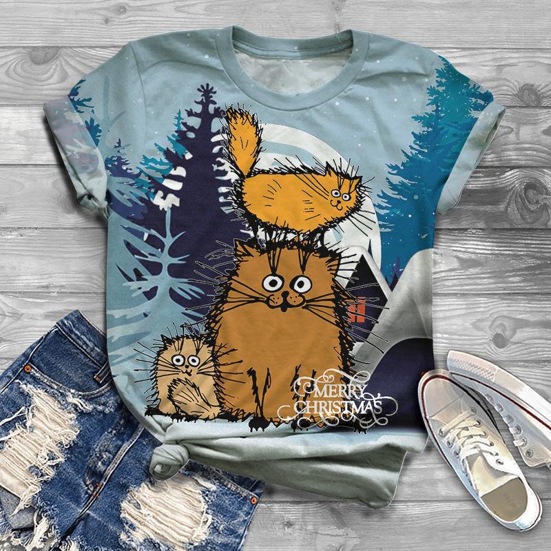 Women's 3D Cat Pattern Fresh Printed T-shirt 3D Printed Short Sleeved T-shirt