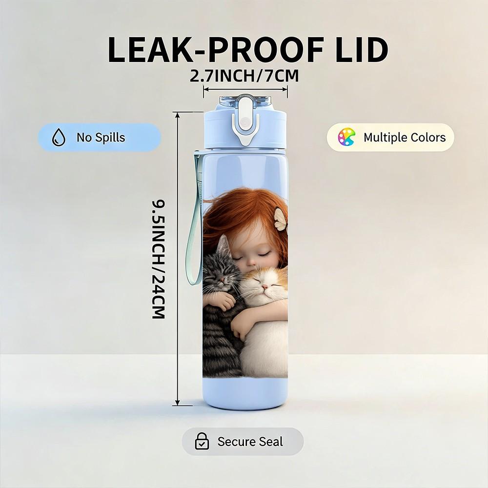 1PC Little Baby Hug Stuffed Bear Print 750ml Color Plastic Sports Water Bottle Leakproof Flip Straw Lid Suitable for Sports Office Home Use