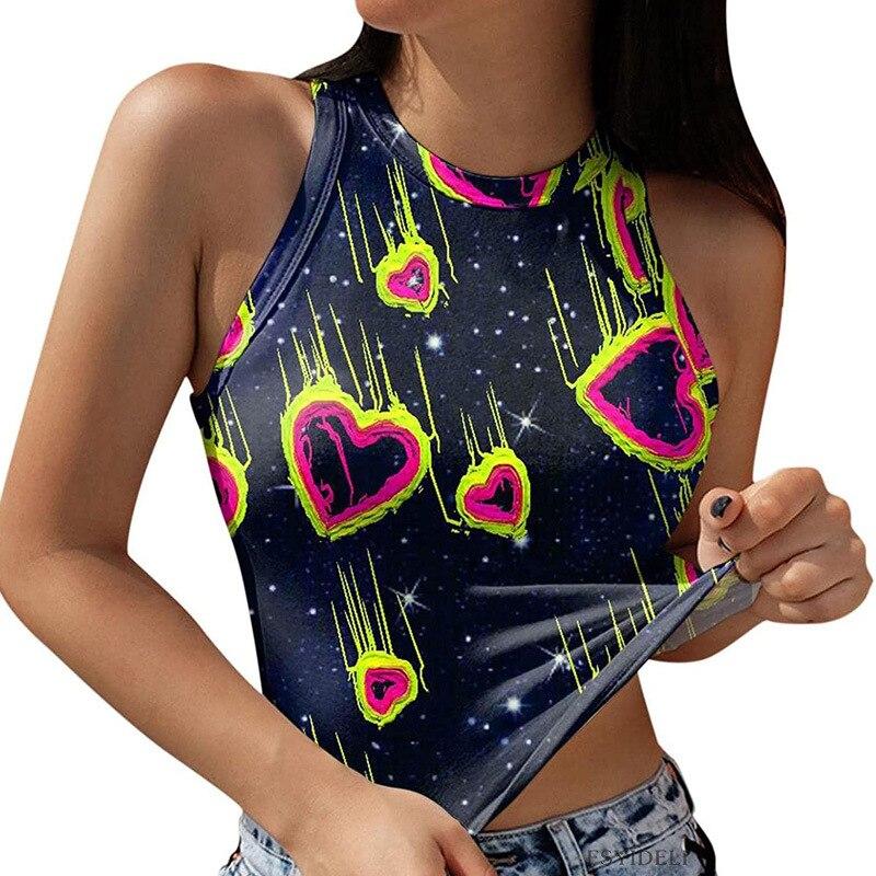 Nové jaro léto sexy ženy triko s potiskem s kulatým výstřihem Krátká vesta bez rukávů Halenka s pupíkem pro volný čas Slim Fit žebrovaná tílka