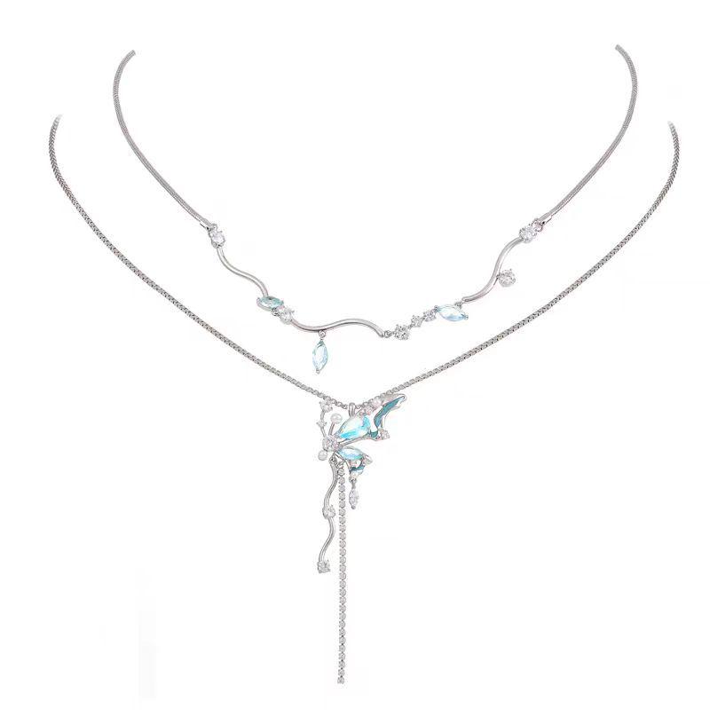 Exquisite Blue Crystal Butterfly Double-Layer Necklace for Women - 2025 High-End Design