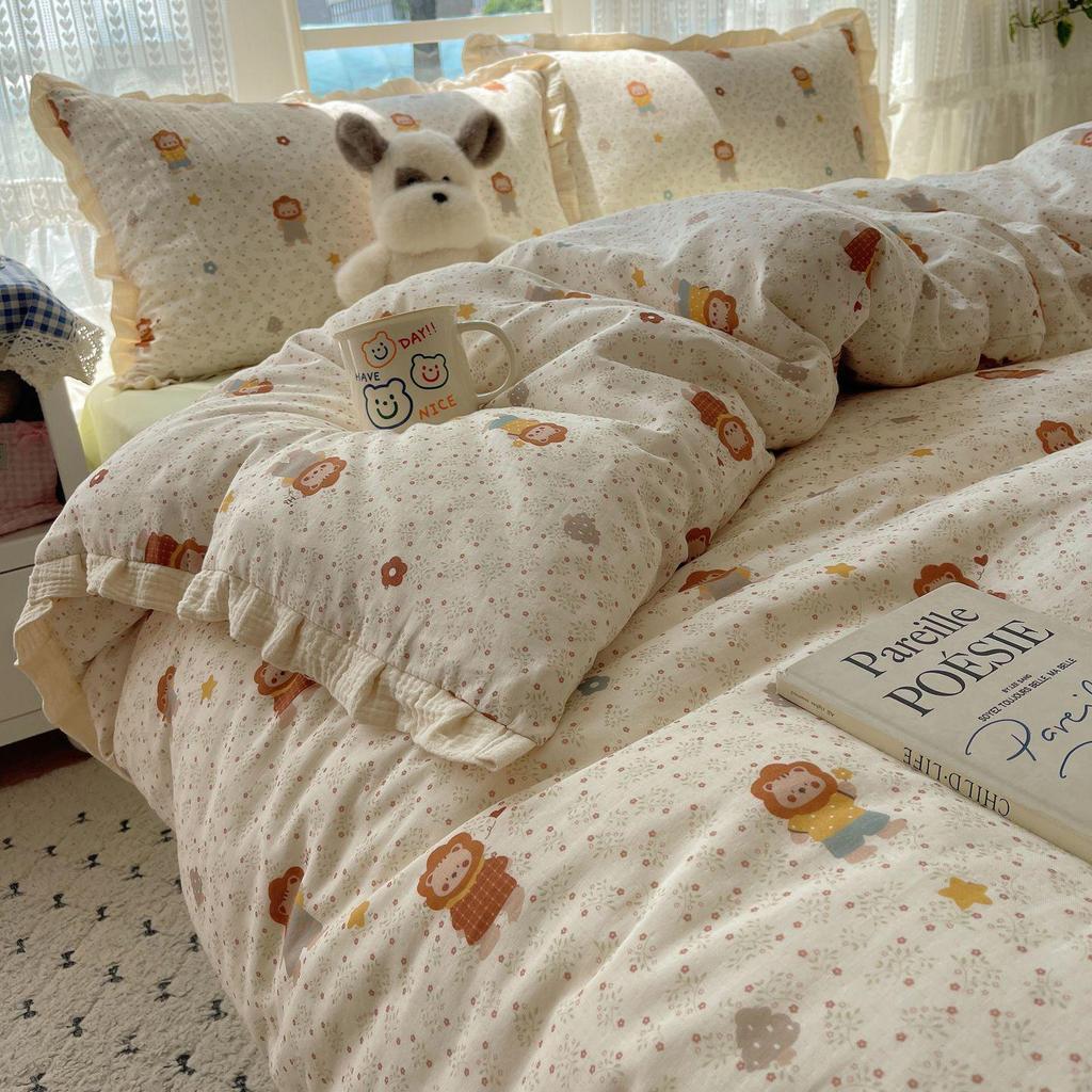 G5Z Ruffle Edge Washed Cotton 4-Piece Duvet Cover Set - Super Soft for Dorms & All Seasons