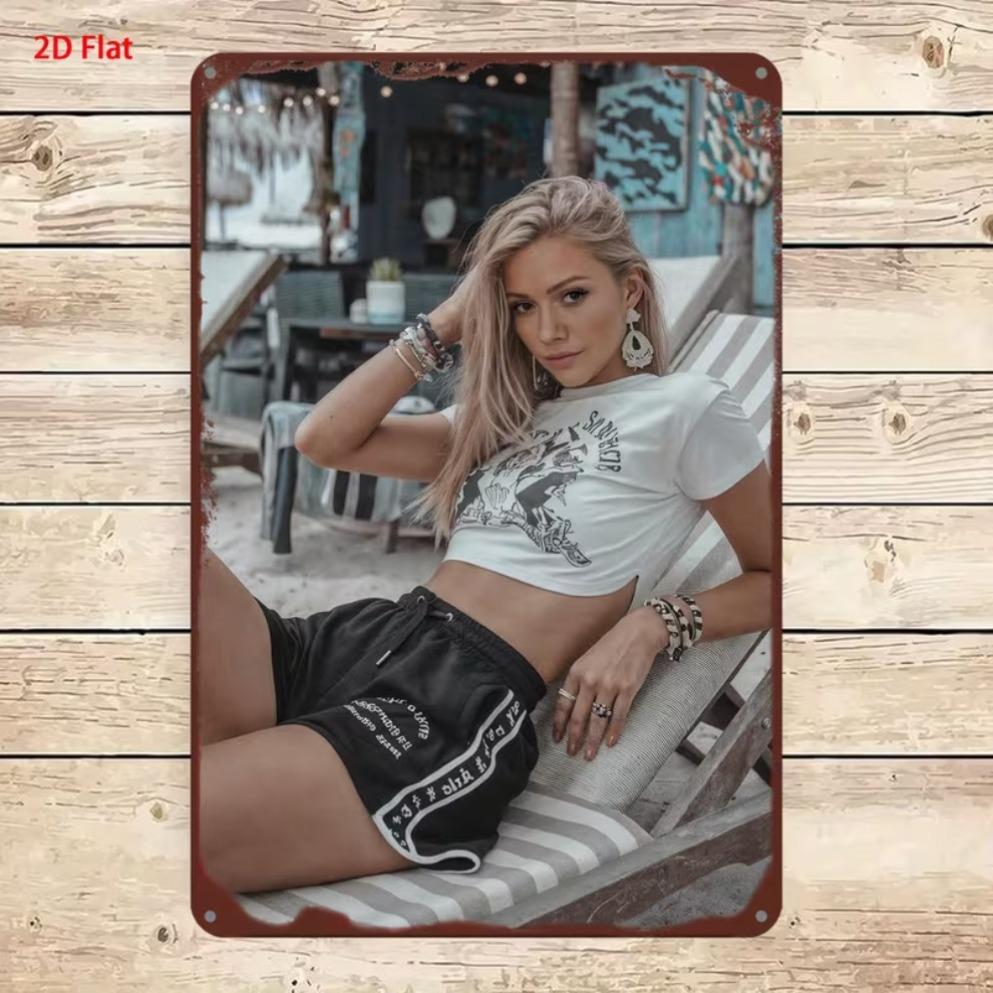 Vertical Metal Tin Sign Blonde Woman Yellow Crop Top Denim Shorts Wildflower Scenery Wall Hanging Decor