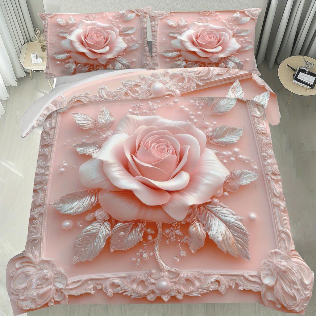 Pink Rose & Silvery Leaves Duvet Cover Set Elegant Design Soft Bedding Machine Washable Bedroom Decorative Comforter Set