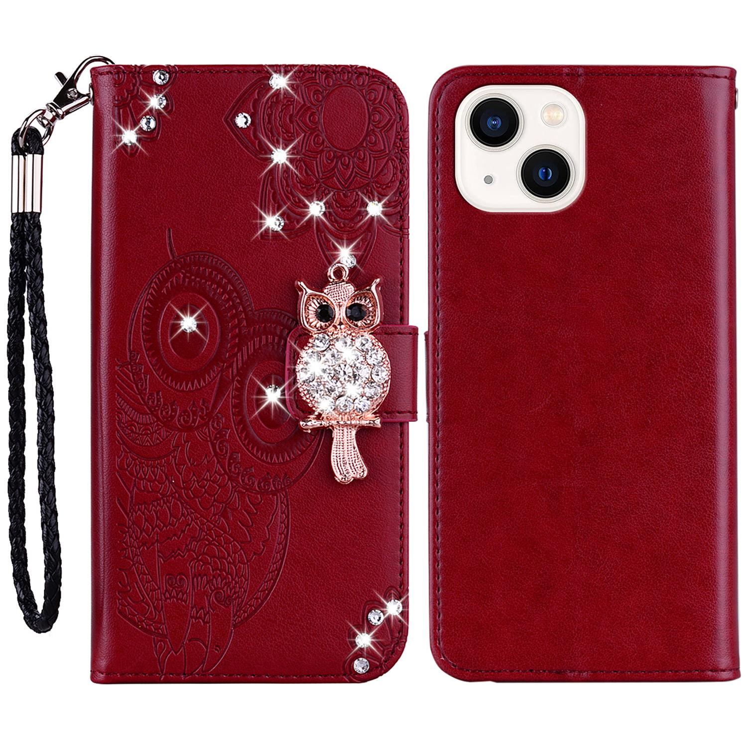 

Для iPhone 15 Чохол з тисненням Сова Квітка Стрази Штучна Шкіра Чохол-гаманець для телефону Red