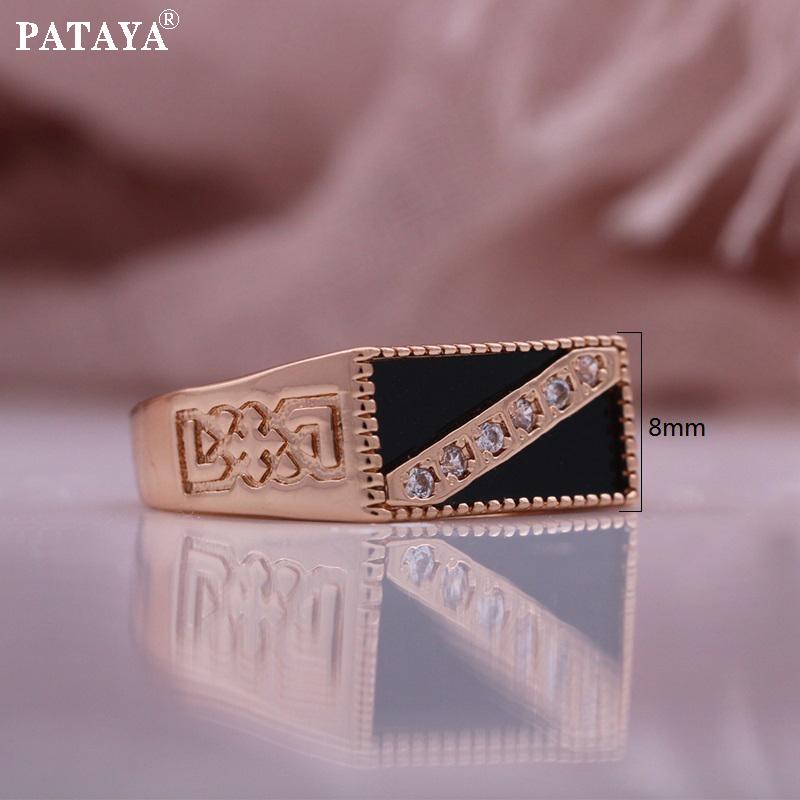 PATAYA Roségoldfarbene, eingelegte weiße künstliche Zirkonia-Ringe mit schwarzem Ölgemälde