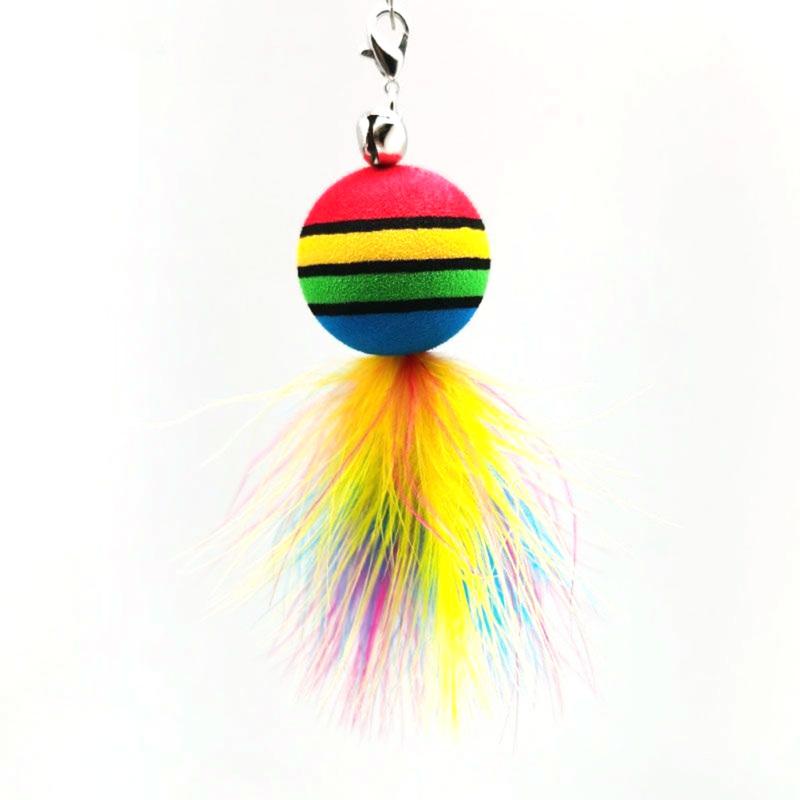 Funny Pet Cat Teaser Stick Colorful Stripes Feathers Ball Replacement Head Accessories With Bell