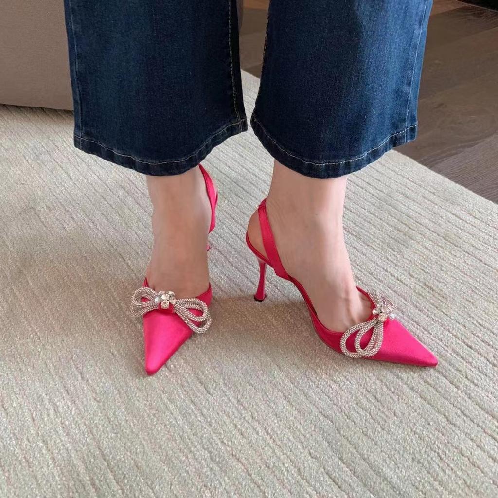 White High Heels Spring and Summer New Pointed Head Thin Heel Rhinestone Bow Bag Head Empty Sandals Women