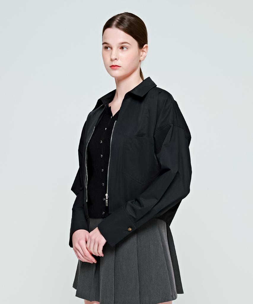 DEPASION Crop Long Sleeve Oversized Zipper Collar Shirt Jacket (Black)