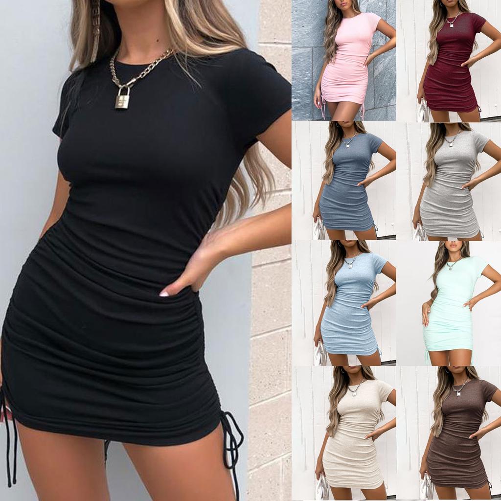 Buy Women's Oneck Solid Color Drawstring Slim Sexy Short Sleeve T