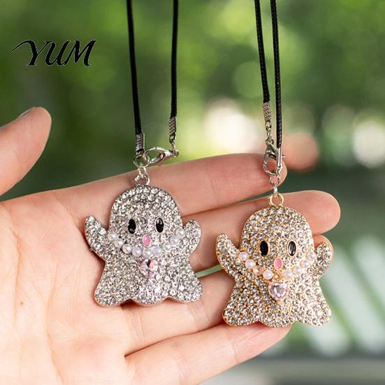Festive Vehicle Accessories Halloween Ghost Bling Car Hanging Accessories, Faux Crystal Rear Mirror Ornament View Charm, Auto Interior Pendant