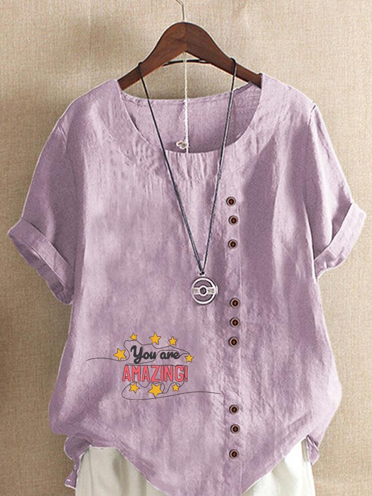 Women's Fashion Letter Print Round Neck Short Sleeve T-shirt Casual Cotton Linen Graphic Shirt Leisure Loose Summer Blouse Tops