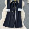 Autumn Winter Women Elegant Turn-down Collar Double Breasted Knitted Sweater Office Work Long Midi Dresses with Belt
