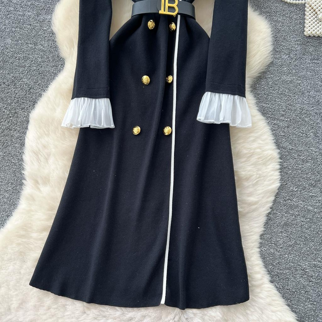 Autumn Winter Women Elegant Turn-down Collar Double Breasted Knitted Sweater Office Work Long Midi Dresses with Belt