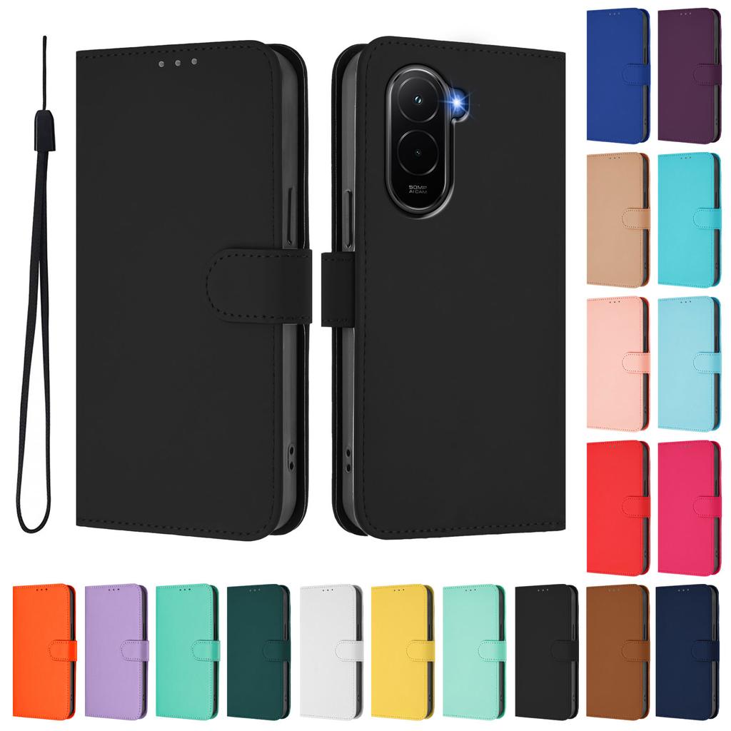 For Xiaomi Poco M7 Plus 5G/M7 4G (169mm) Case Solid Color Wallet Leather Phone Cover with Strap