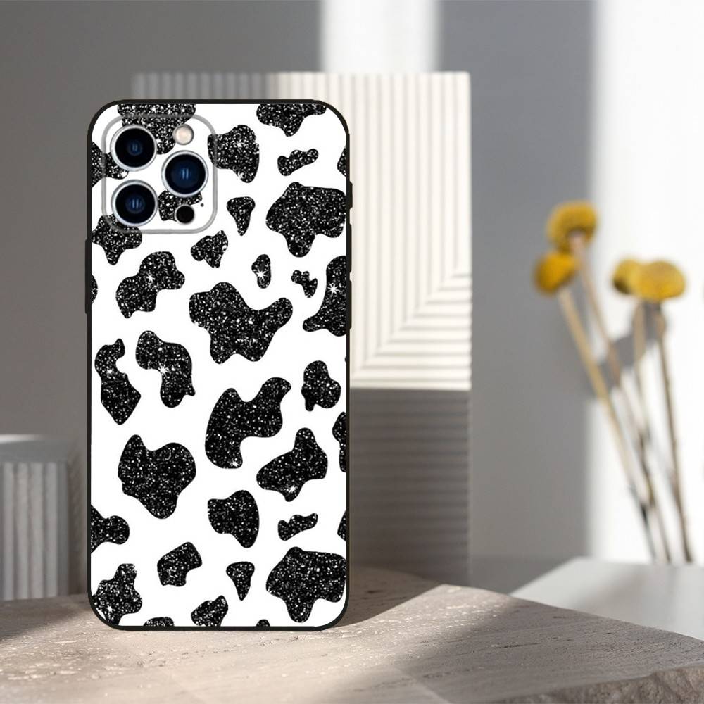 Cute Cartoon Print Cow Phone For iPhone 13,12,15,14,11,16,17,Plus,Pro Max,XS,X,XR,SE,Mini,8,7,Soft Silicone Black