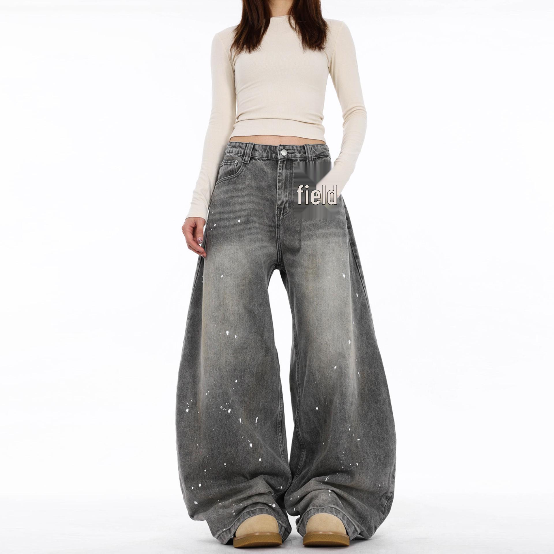 

Унисекс Винтажные Потертые Серые Джинсы Клеш с Разрезами - Трендовый Американский Уличный Стиль, Свободный Крой L серый