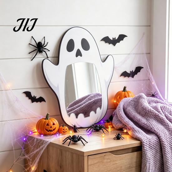 Kreative Feiertags-Wanddekorationen Halloween Holzdekorationsspiegel, Kürbis Geist Fledermaus Hexe Cartoon Spiegel Dekor, Spaß für Eingangsbereich Party, Festliches Zuhause