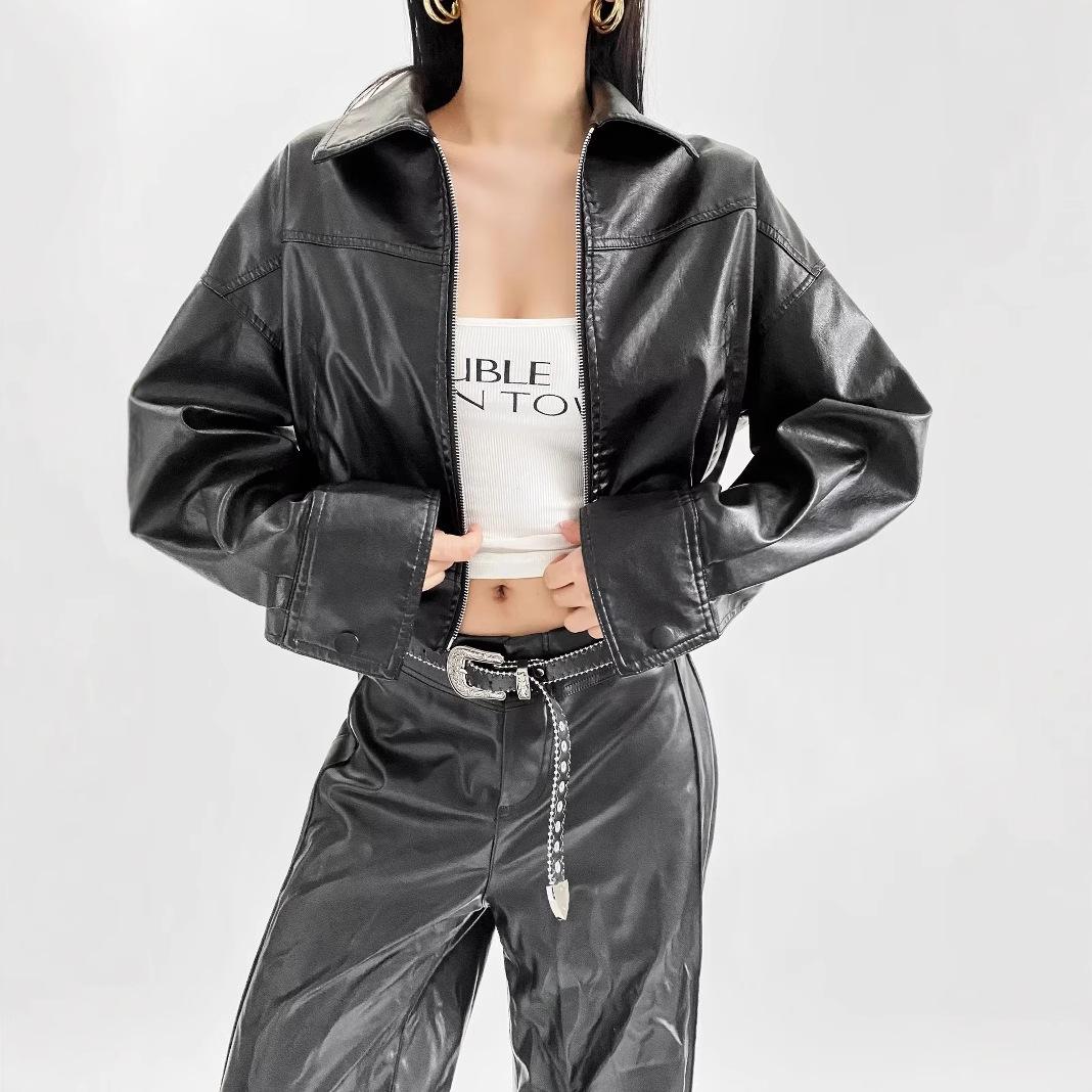 

2025 Women s Spring PU Leather Motorcycle Bomber Jacket with Turn-Down Collar Medium