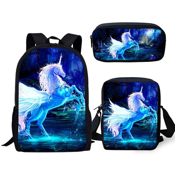 Classic Novelty Unicorn Horse 3D Print 3pcs/Set Pupil School Bags Laptop Daypack Backpack Inclined Shoulder Bag Pencil Case