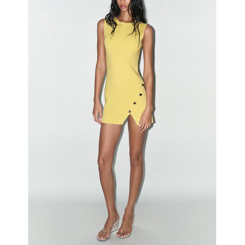 Summer New Product Women's Clothes Fashion Asymmetrical Decorated Row Button Short Knitting Dress 9598102 9598074