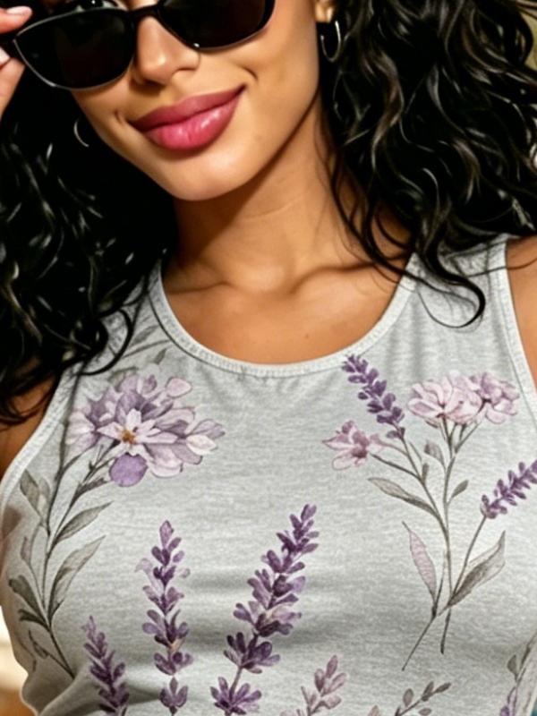 Botanical Lavender Floral Sleeveless Bodycon Mini Dress, Round Neck Slim Fit Casual Vacation Cover-Up
