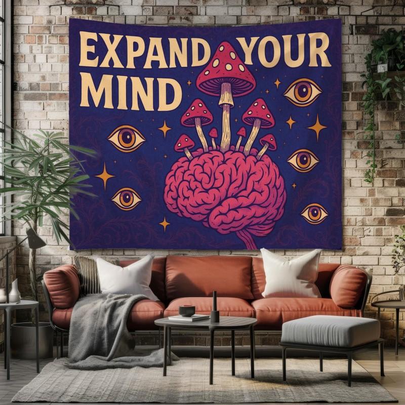 Good Vibes Mushroom Tapestry Wall Hanging Retro Red Orange Fly Agaric Quote Groovy Aesthetic Wall Art Bedroom Dorm Decor