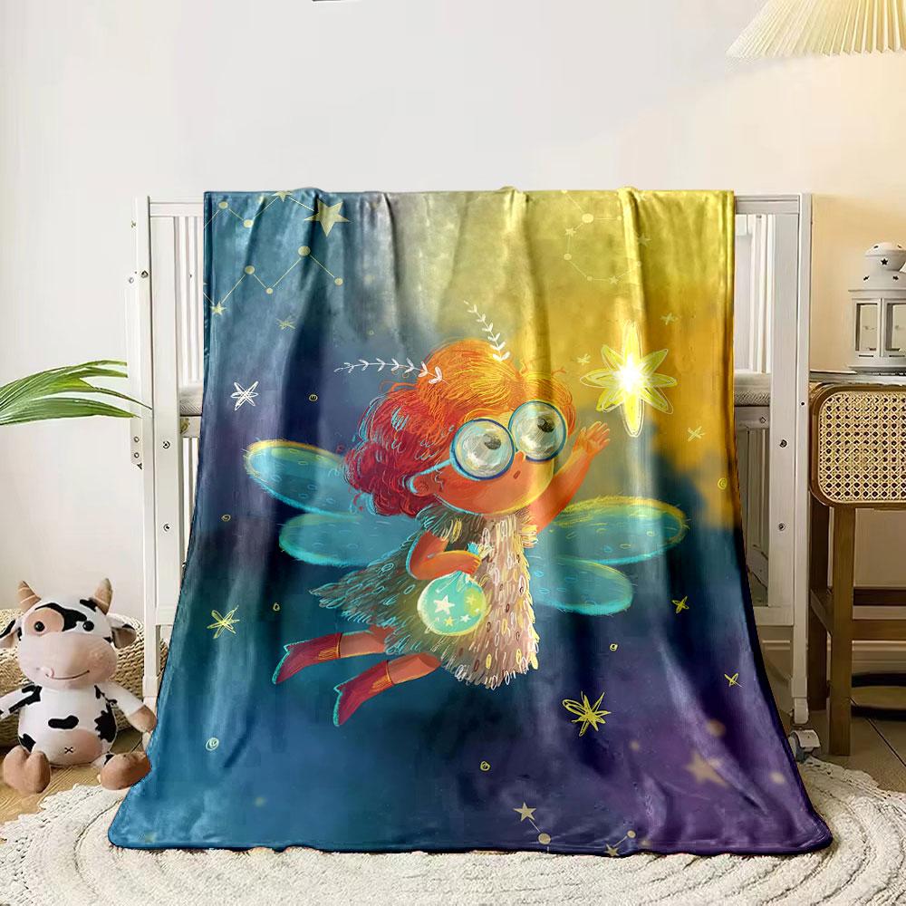 

A whimsical fairy with glasses reaching for glowing stars in the night sky. for all seasons blanket lunch break throw gift 80cm x 120cm