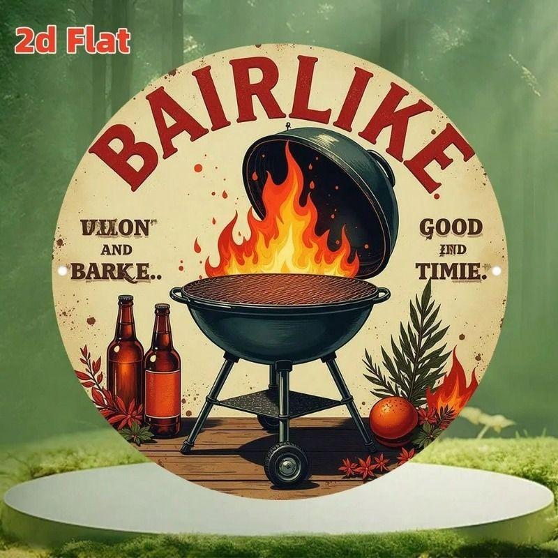 Vintage BBQ Retro Round 2D Metal Wall Poster for Bar