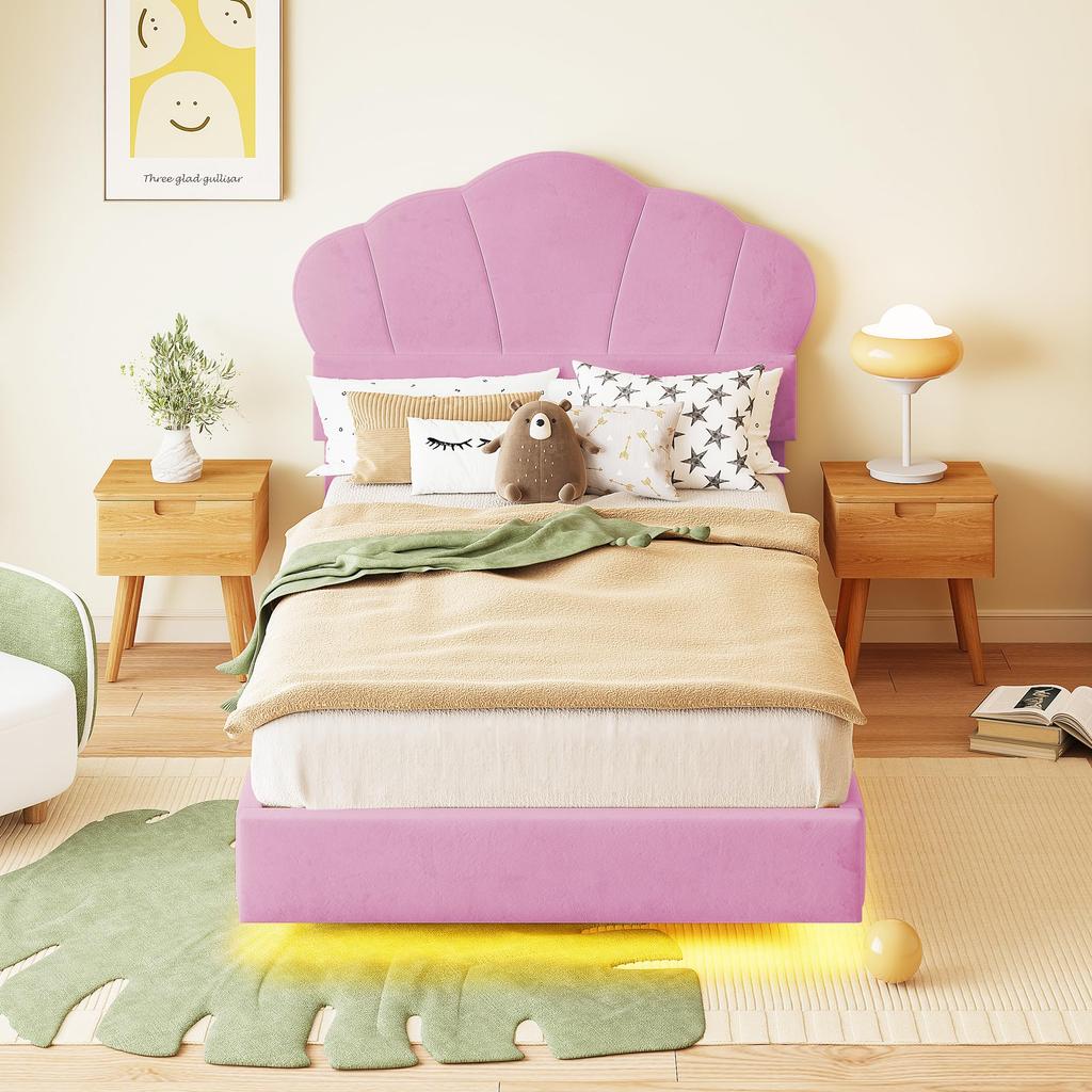 Bett 90 x 200 cm, Bett mit LED, Bettgestell mit Kopfteil und Lattenrost, Samtstoff, Rosa (ohne Matratze)