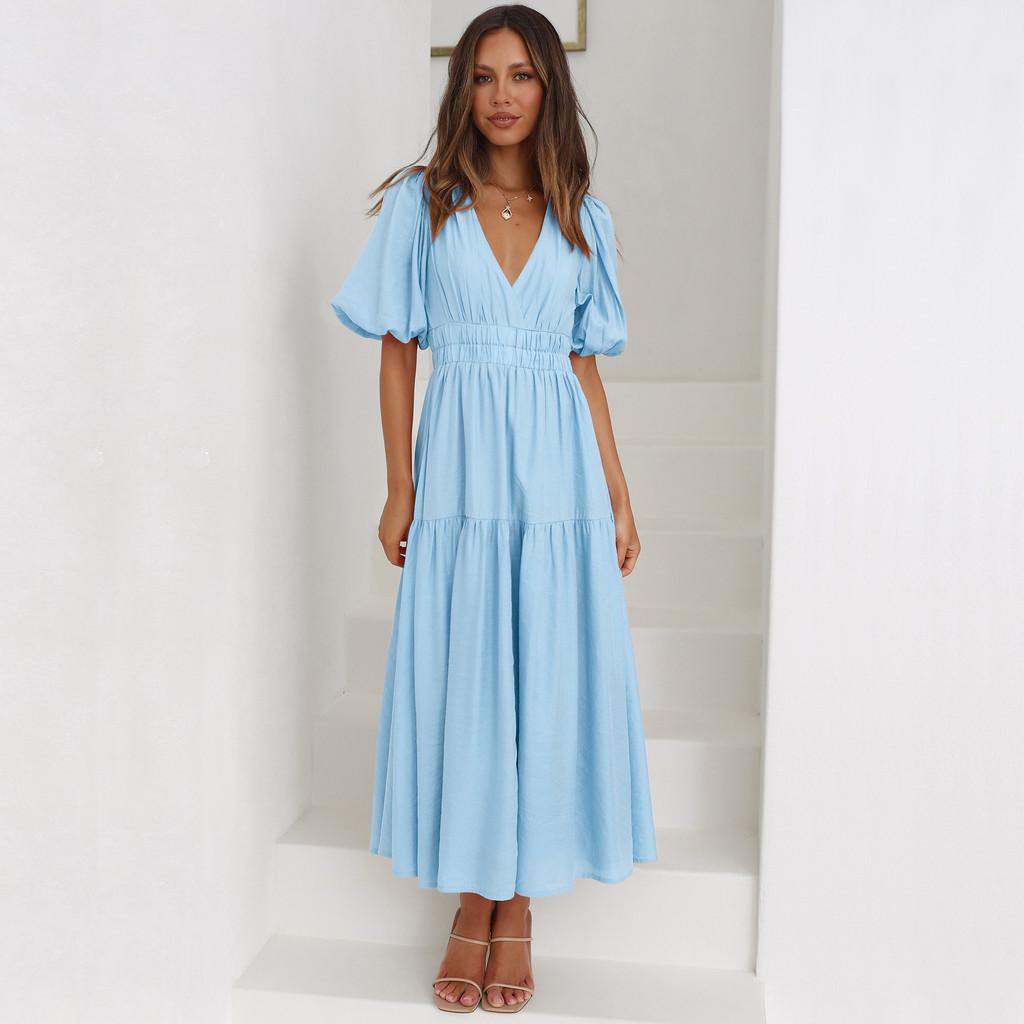 Summer Elegant Deep V Bubble Sleeve Maxi Dress With Pleated Fabric For Women