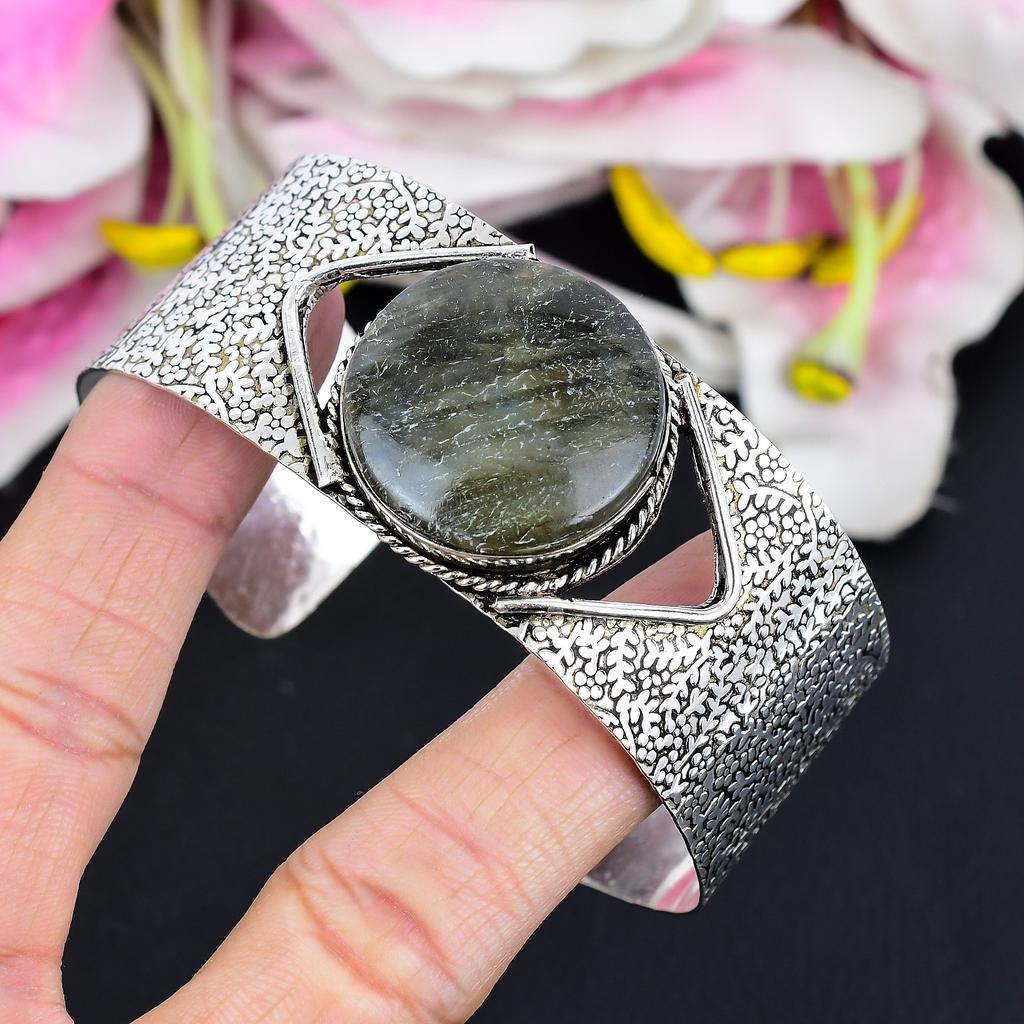 Labradorite Gemstone Handmade 925 Sterling Silver Cuff Bangle Adjustable KG-1863
