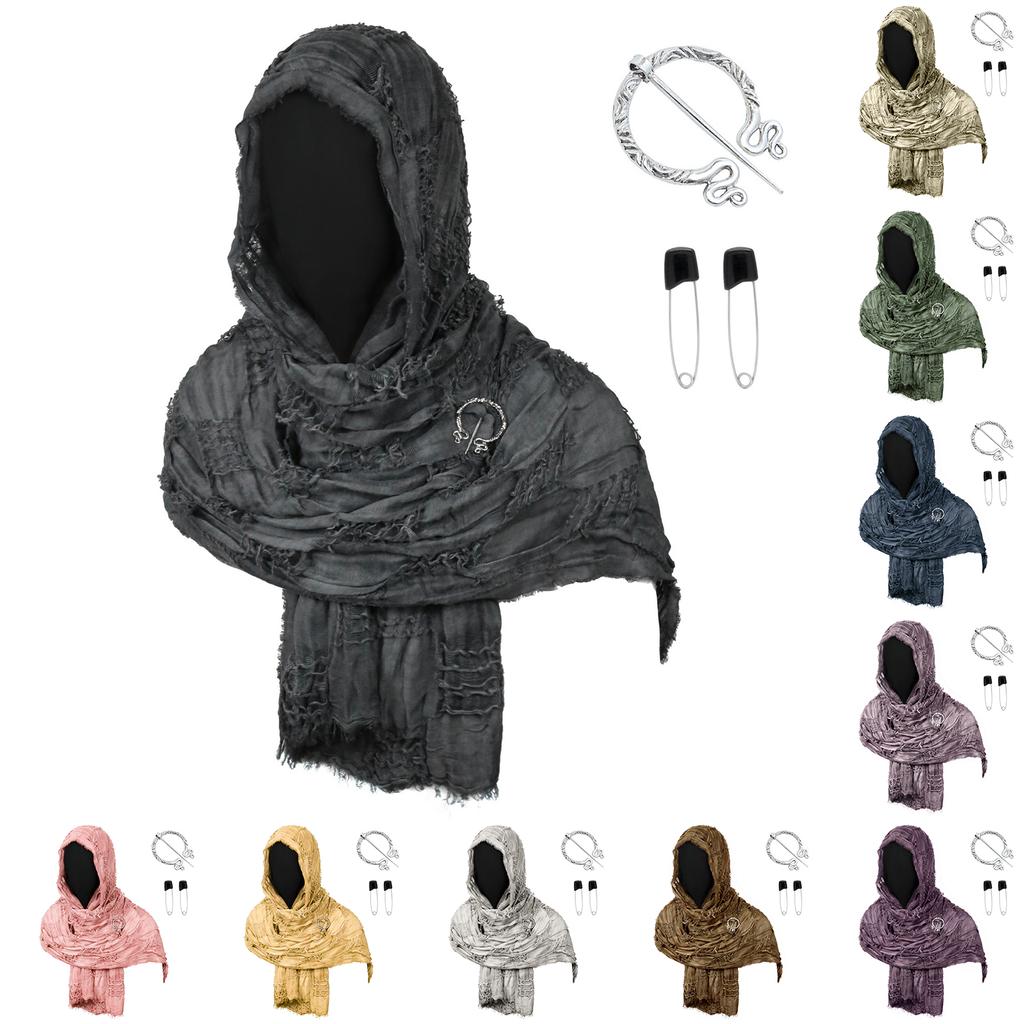 Medieval Style Hooded Cloak Scarf with Distressed Fabric and Metal Brooch Fastener for Cosplay LARP Renaissance Festival Costume Accessory