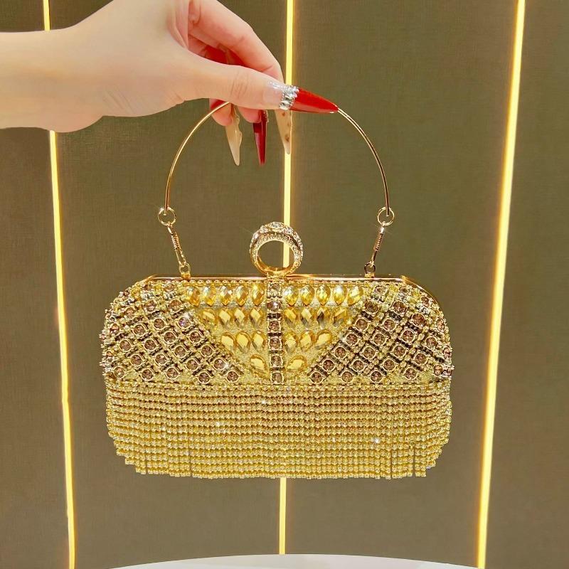 Beaded Bag with Fringes - Formal Handbag with Embedded Diamonds - Evening Bag with Diamonds