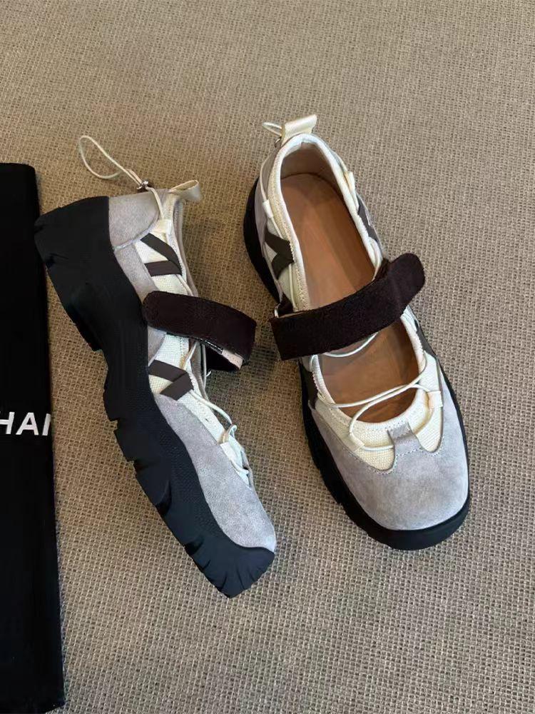 

Sweet cool style heightened platform sole 2025 medium heel cow anti-suede velcro color-blocked leather casual single shoe women 40