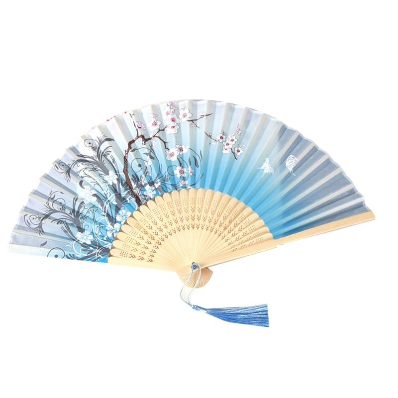 Floral Handheld Folding Fan Hand Held Silk Bamboo Fans with Tassels Hollowed Hand Foldable Fan for Dancing Wedding Decor