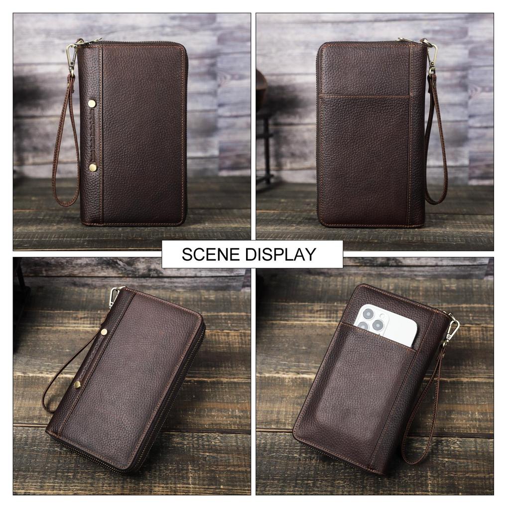 Portfel męski ze skóry naturalnej Clutch Zipper Card Holder Portmonetki męskie Vintage Długie portfele z paskiem na rękę