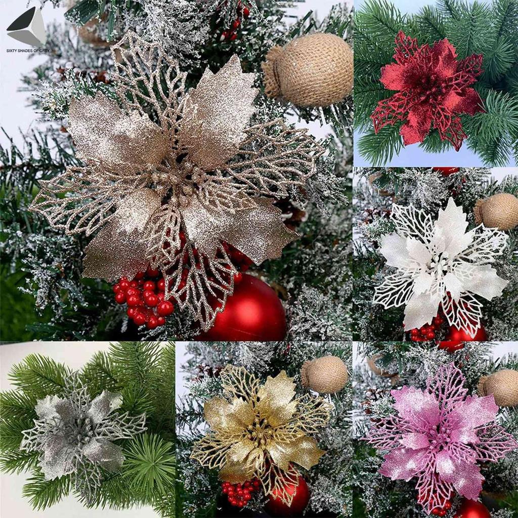 Set Of 36 Pcs Christmas Poinsettia Flowers Ornaments Glitter Floral Accessories Xmas Wreath Tree Decorations For Party Home Wedding