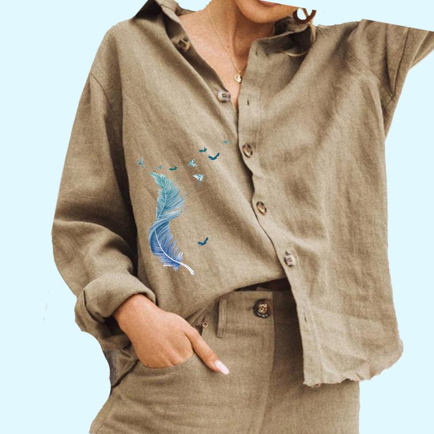 

Женская мода блузка с воротником-лацканом, повседневная хлопковая льняная верхняя женская рубашка с принтом на пуговицах 3XL хаки