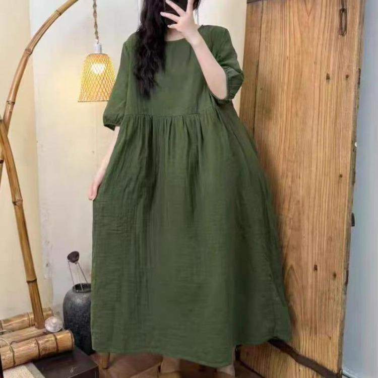 New Plus Size Summer Dress Women Vintage Casual Loose Maxi Dress Solid Basic O Neck