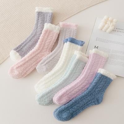 4 Paar Damen Winter Warme Plüschsocken Dicke Farbe Weiche Flauschige Socken Niedliche Mode Hausschuhe Hausboden Schlaf-Socken