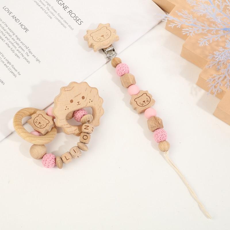 Factory Price Baby Gift Set Toy Lovely Lion Shape Pacifier Clip Chain Holder Colorful Cotton Wood Teether Toys Baby