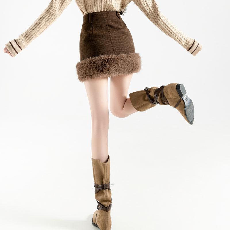 Autumn and Winter Fur Thickened Skirt Splicing New High Waist Wool Temperament Short Skirt Skirt