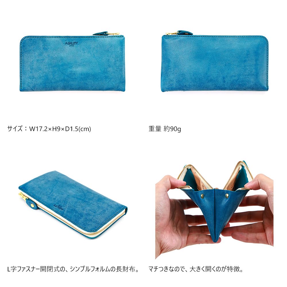 AGILITY affa "Posh L" Lång Plånbok, Kompakt, L-formad, Smal, Enkel, Äkta Läder, Liten, För Herrar och Damer, Turkos Blå