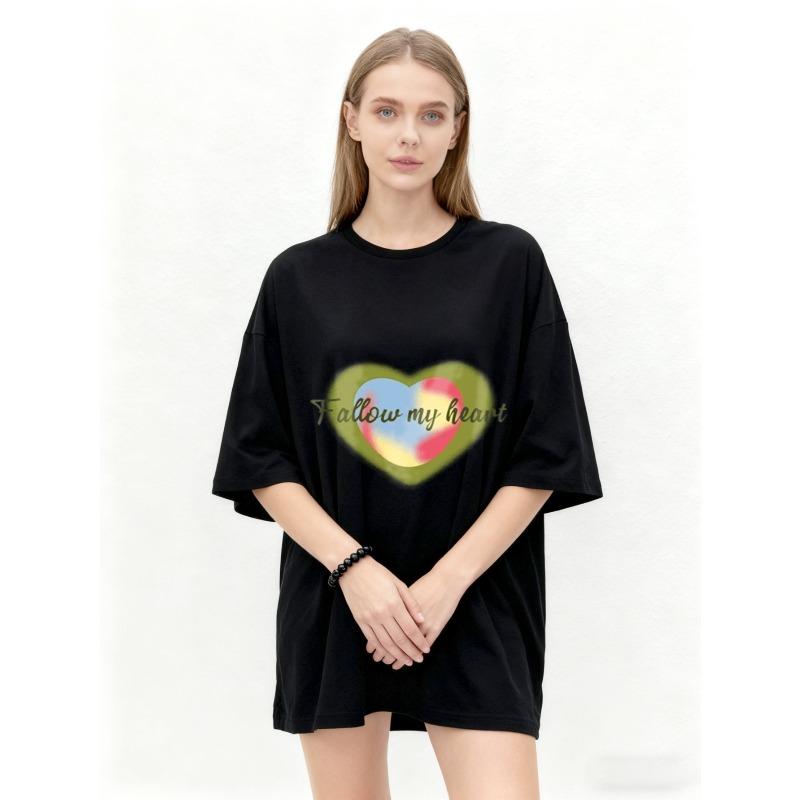 Oversized T Shirt Black Heart Print Follow My Heart Text Casual Wear for Women Summer Streetwear Fashion Top