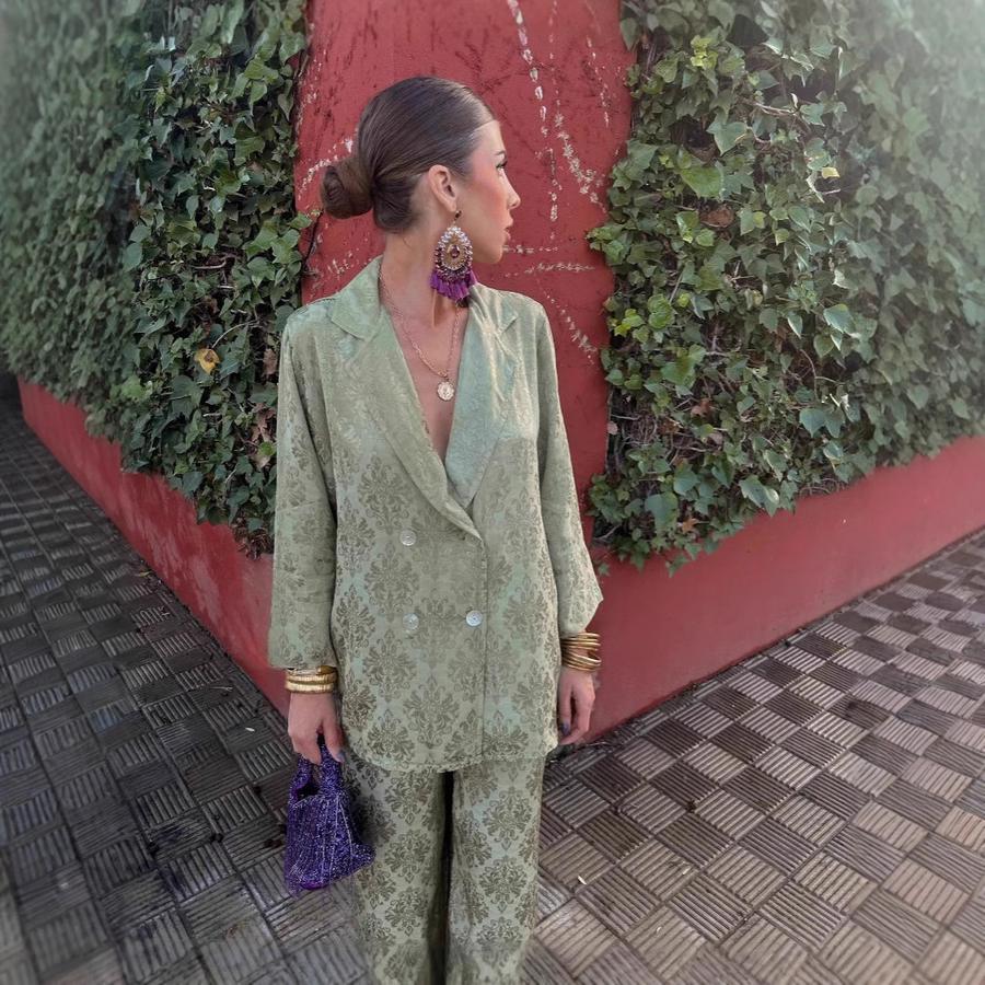 Spring V-Neck Long Sleeve High Waist Loose Wide Leg Pants Two Piece Set Fashion Suit Jacket