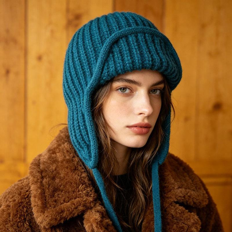 Neue Damen Herbst Winter Ohrklappen Strickwollmütze, Kordelzug Thermisch Warm Flieger Skimütze, Mode Vielseitig Outdoor Trooper Mütze