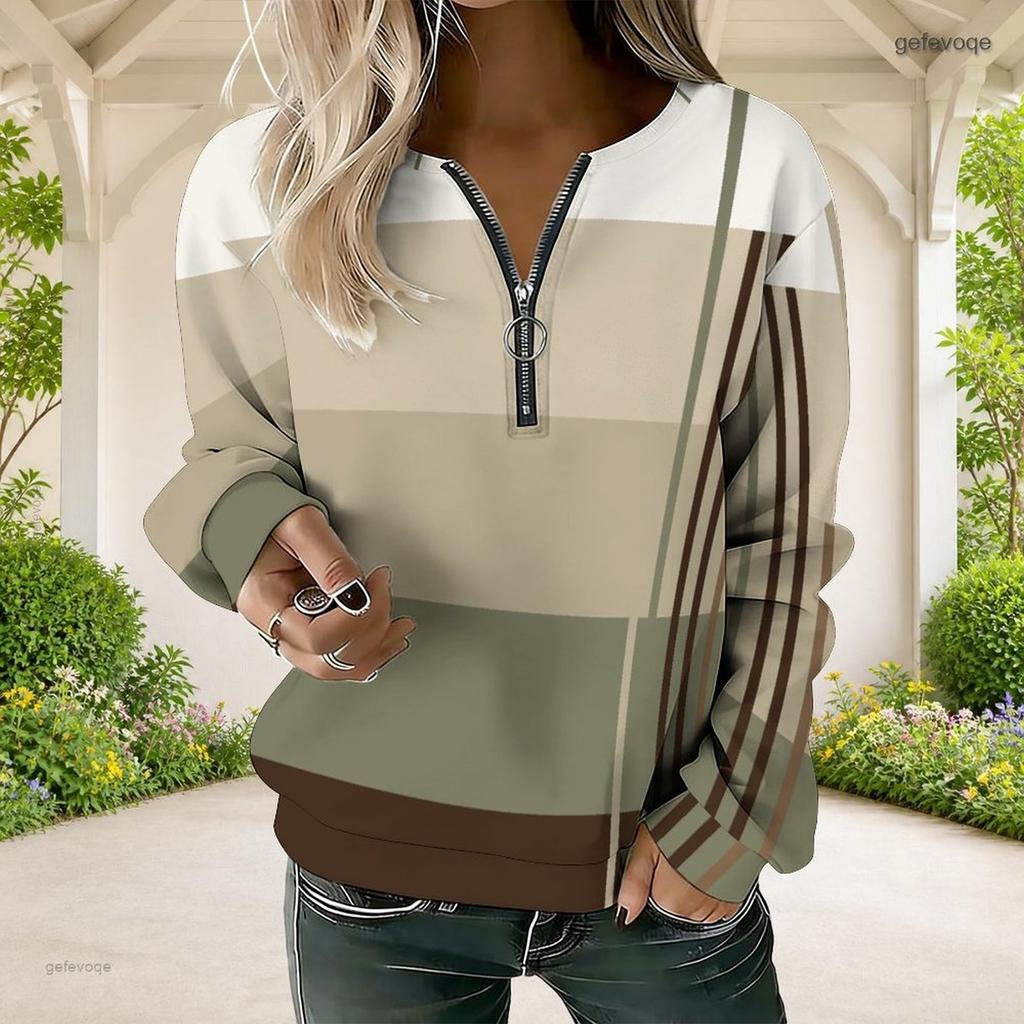 Women Plus Size V Neck Front Zip Long Sleeve Geometric Printed Sweatshirt Off White Black Orange