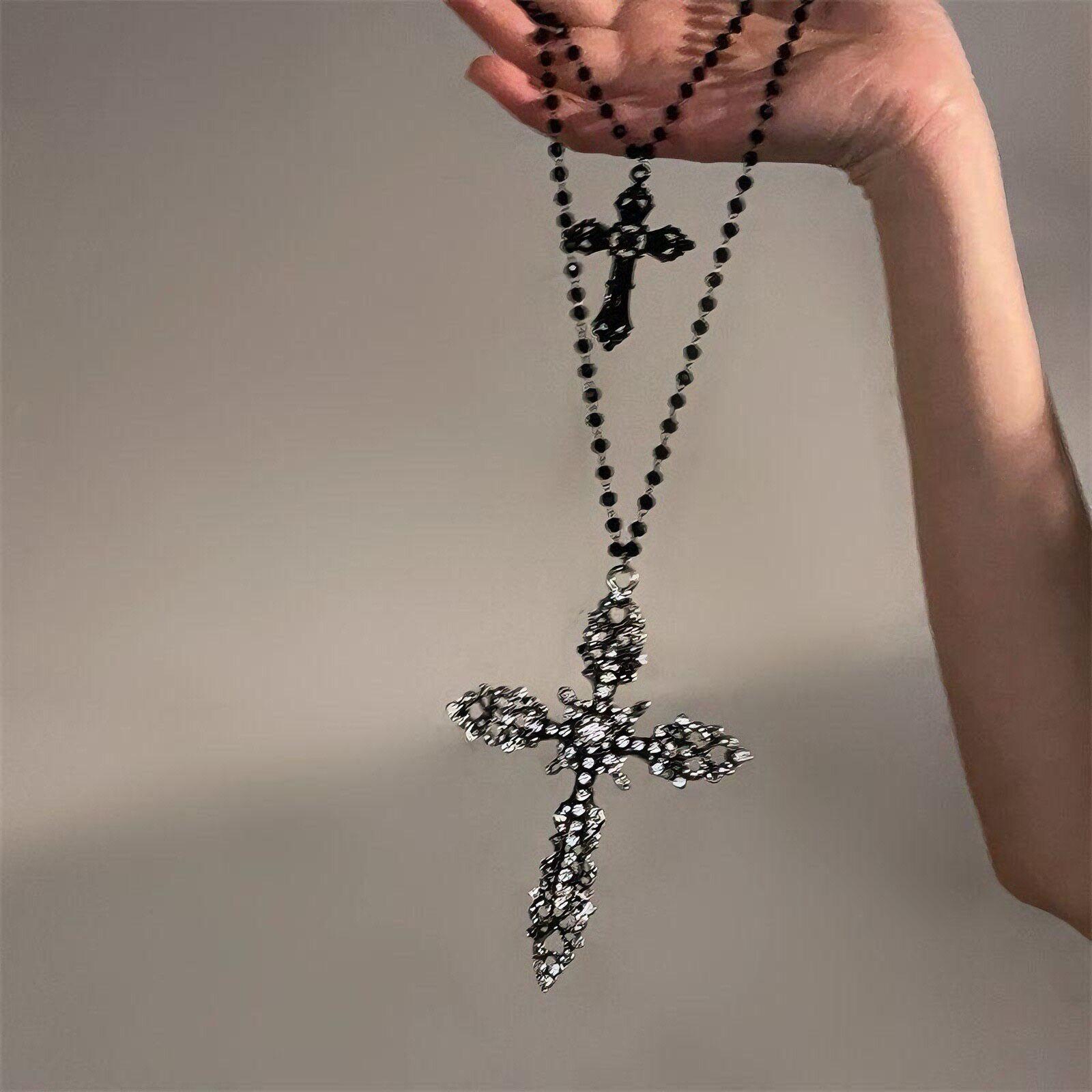 Dark Cold Wind Gothic Wind Black Rose Beaded Cross Long Necklace Niche Light Luxury Spice Girl Sweater Chain чёрный