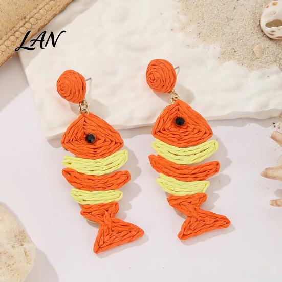 Raffia Earrings 1 Pair Boho for Women, Handmade Rattan Fish Shape Summer Vacation Jewelry Earrings, Bohemian Straw Drop Dangle Tropical Beach