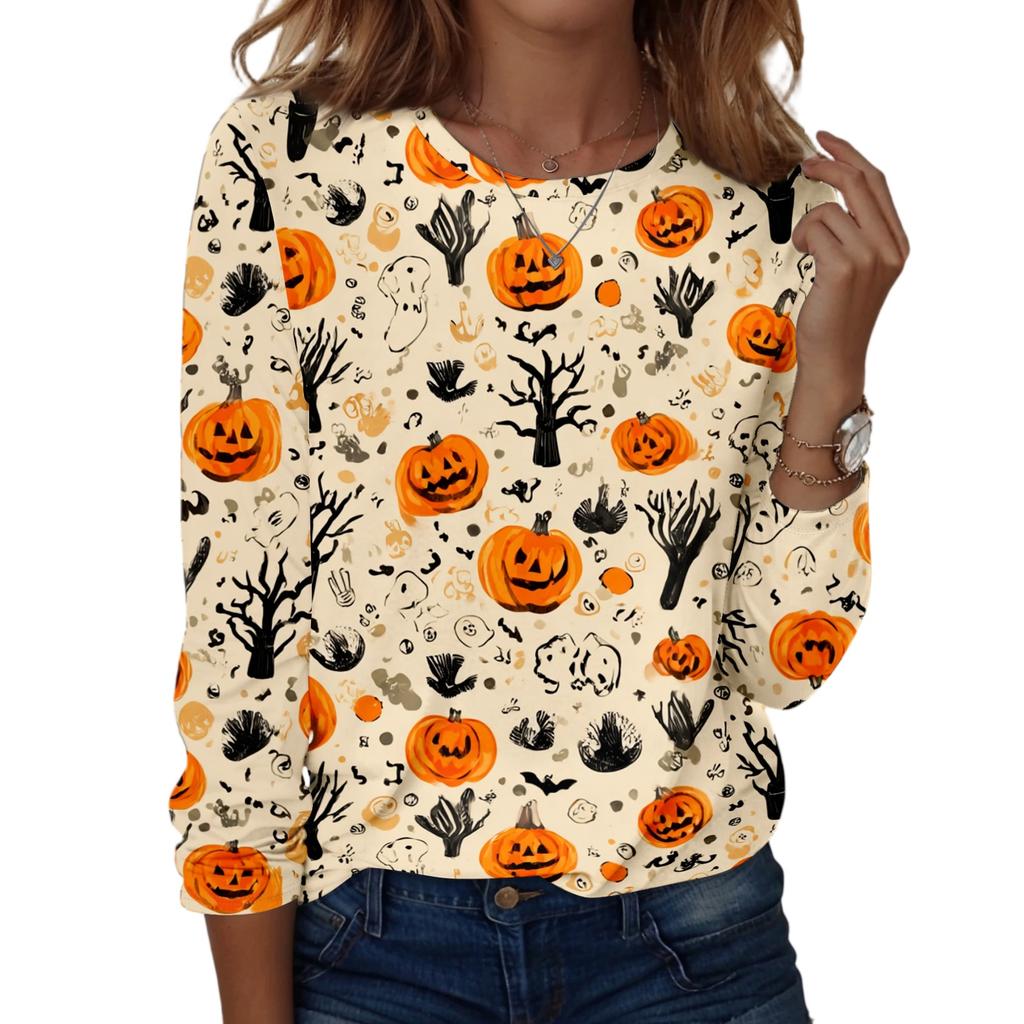 Women's Casual Long Sleeve Pullover Sweatshirt Halloween Pumpkin Print Round Neck Top Lightweight Comfortable Fit